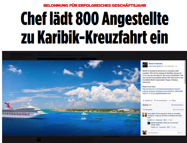 Schlagzeile der Bildzeitung: Chef lädt 800 Mitarbeiter zu Karibik-Kreuzfahrt ein